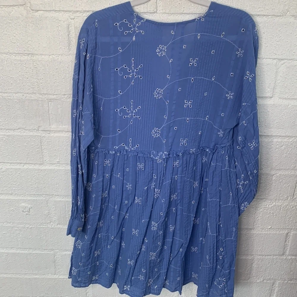 Zara Embroidered Babydoll Eyelet Blue V-Neck Long Sleeve Mini Dress size XS